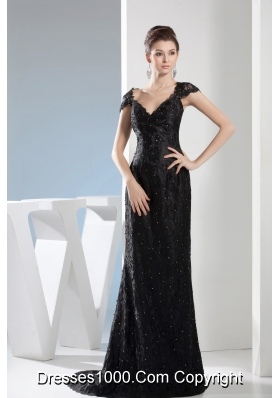 Beading Black Lace V-neck Column Brush Train Prom Dress