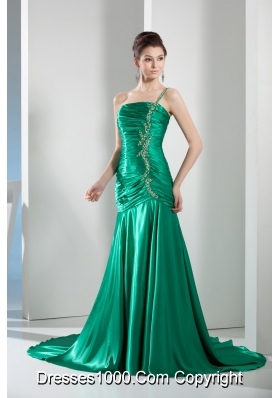 Beading Mermaid Green Court Train One Shoulder Prom Dress