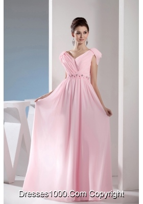 Beading V-neck Empire long Pink Prom Dress with Side Zipper