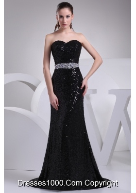 Black Sequin Beading Sweetheart Brush Train Prom Dress