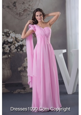 Column Ruching One Shoulder Watteau Train long Pink Prom Dress