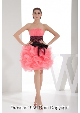 Lace and Pick Up Column Strapless Short Watermelon Prom Dress