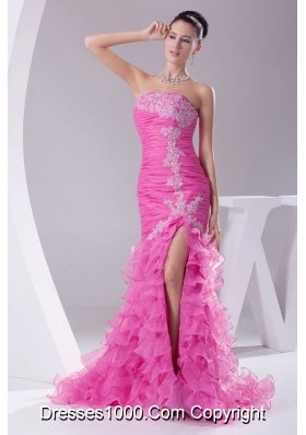 Mermaid Hot Pink Appliques Ruching Ruffled Layers Prom Dress