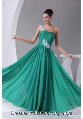 One Shoulder Green Appliques Empire Long Prom Dress