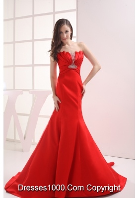 Red Mermaid Strapless Beading Ruching Wedding Dress