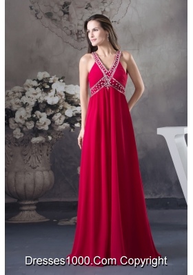 Red V-neck Empire long Criss Cross Beading 2013 Prom Dress