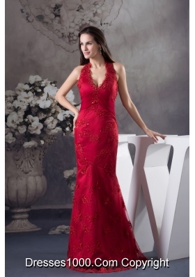 Sexy Appliques Red Halter Column long Prom Dress for 2013