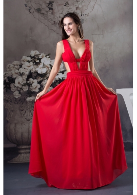 Sexy Column long Ruching Straps Prom Dress in Red