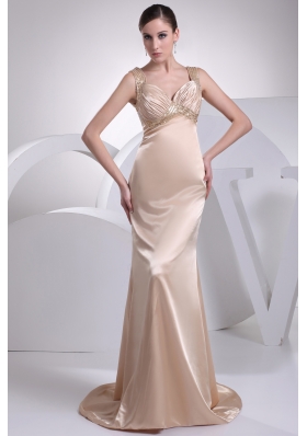 Straps Champagne Beading Column Brush Train  Prom Dress