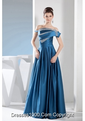 Teal Column Off the Shoulder long Beading Prom Dress