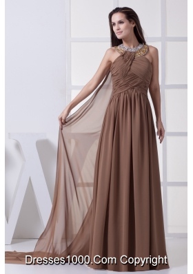 Beading and Ruching Brown Watteau Train Prom Dress