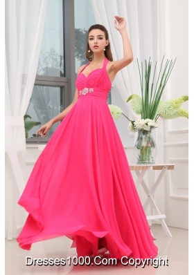 Beading Ruching Hot Pink Halter Long Prom Dress