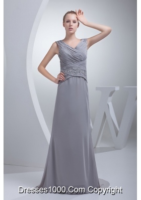 Beading Ruching V-neck Brush Train Column Prom Dress