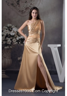 Champagne Beading One Shoulder Court Train  Column Prom Dress