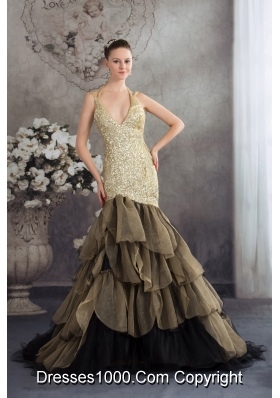 Mermaid V-neck Ruffles Sequins Tulle Prom dress