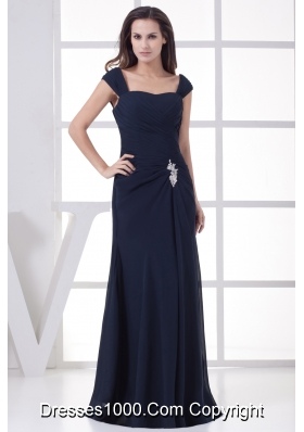 Navy Blue Straps Column Appliques Long Prom Dress