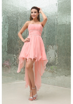 Strapless Asymmetrical Baby Pink Beading Prom Dress