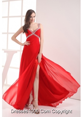 Straps High Slit Empire Beading Long Red Prom Dress