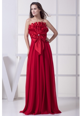 Wine Red Strapless Bowknot Empire Long Prom Dress