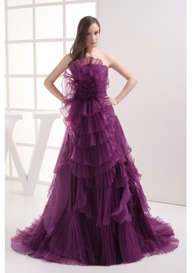 A-line Purple Strapless Ruffles Organza Prom Dress