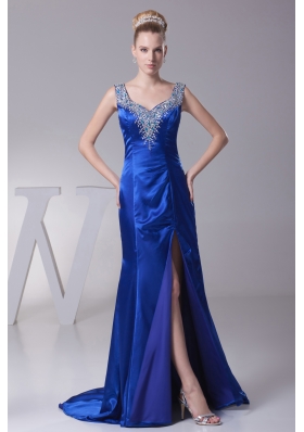 Beading V-neck High Slit Brush Train Prom Dress