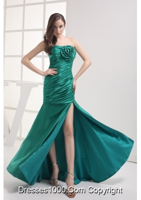 Column Strapless High slit Hand Made Flower Ruching Prom Dress