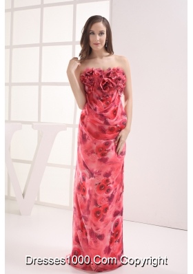 Column Strapless Printing Hand Made Flowers Prom Dress