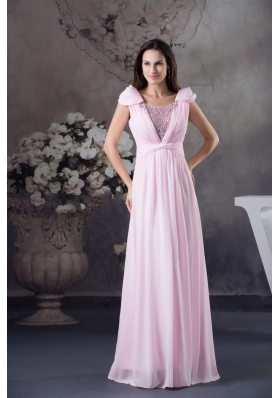 Empire Prom Dress With Long Beading Cap Sleeves Scoop Neck