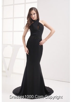 Halter Top Mermaid Beading Black Prom Dress