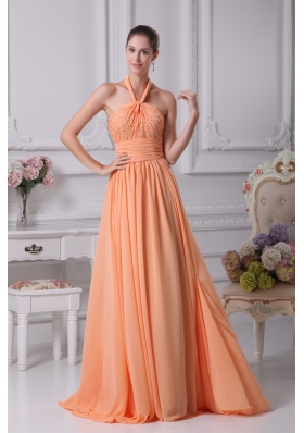 Halter Top Orange Beading Empire Brush Train Prom Dress