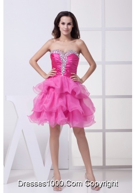 Hot Pink Beading Ruffled Layers Knee-length Prom Dress