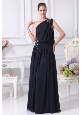 Navy Blue One Shoulder Beading Empire Prom Dress