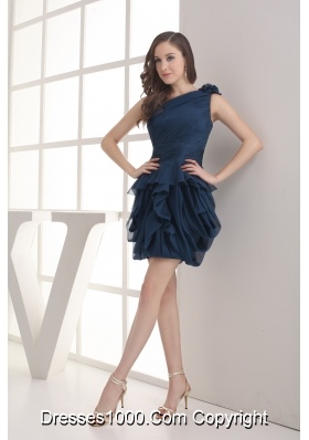 Navy Blue One Shoulder Ruching Mini-length Prom Dress