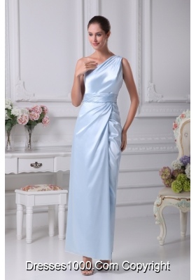 One Shoulder Light Blue Ruching Ankle-length Prom Dress