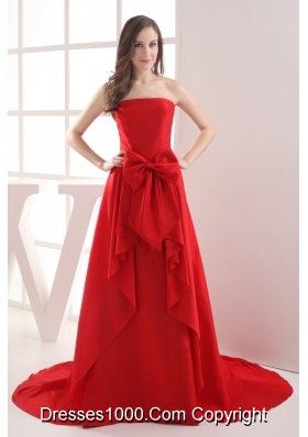 Red A-line Bowknot Brush Train Taffeta Prom Dress