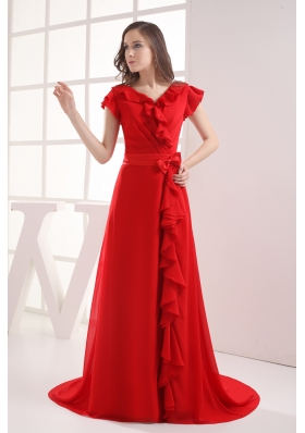 Red Short Sleeves Bow V-neck Prom Dress