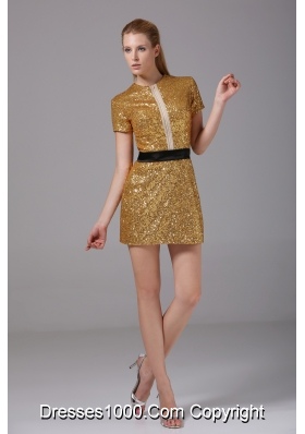 Short Scoop Short Sleeves Sequin Prom Dress