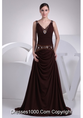 V-neck A-line Brown Beading Brush Train Prom Dress