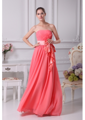 Watermelon Sash Strapless Empire Long Prom Dress