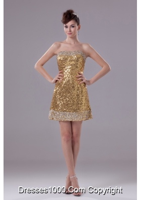 Column Gold Strapless Short Sequin Prom Dress