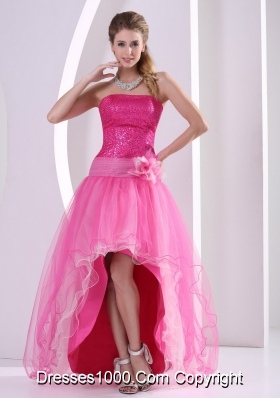 High-low Hot Pink Seqinces Decorate Prom Celebrity Dress