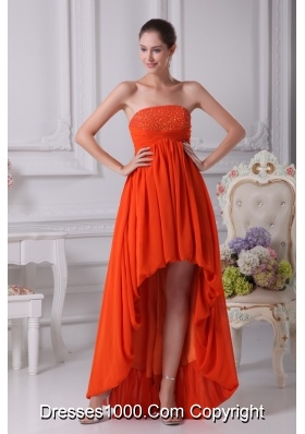 High Low Pleating Prom Dresses with Beaded Strapless Neckline