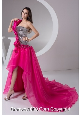 Asymmetrical Court Train Hot Pink Prom Dresses with Flowers