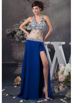 Blue Halter Prom Dresses with Rhinestone and Sheer Waist