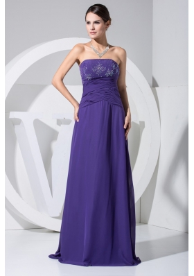 Beading and Ruching Strapless Floor-length Prom Gown in Purple