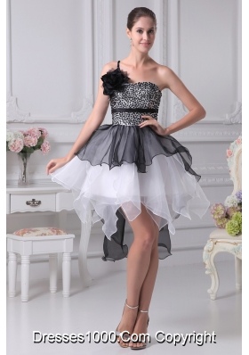 Black and White Single Flower Strap Prom Dress with Ruffles and Sequins