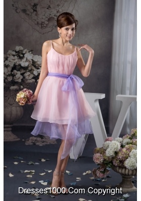 Baby Pink Straps Prom Celebrity Dress with Lavender Sash