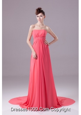 Beaded and Ruched Watermelon Chiffon Prom Dresses with Watteau Train