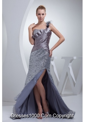 One Shoulder High Slit Sequins Over Skirt Silver Prom Evening Dress