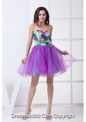 Ruching and Flower Accent Mini Organza Prom Dresses with Colorful Print